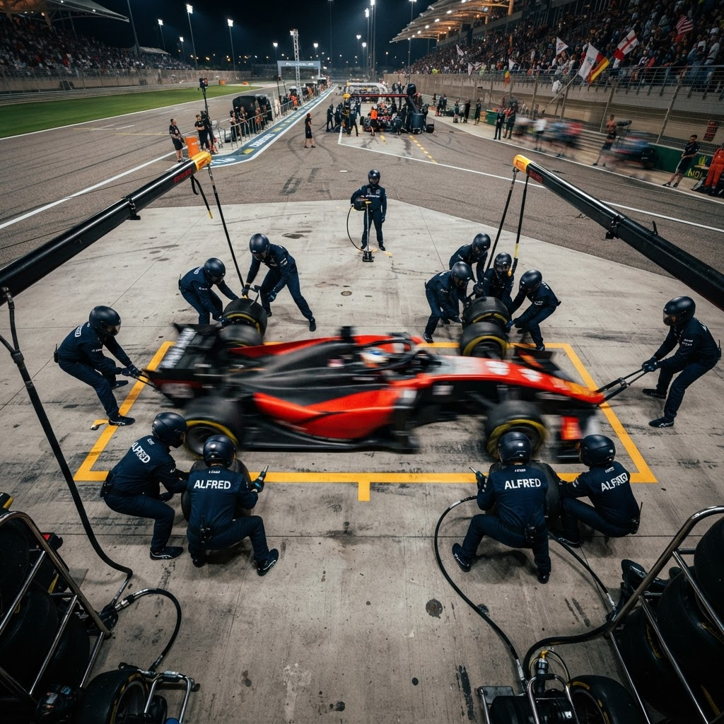 Alfred MCP agents — the pit crew — surrounding the car, each one a connector to your compensation stack